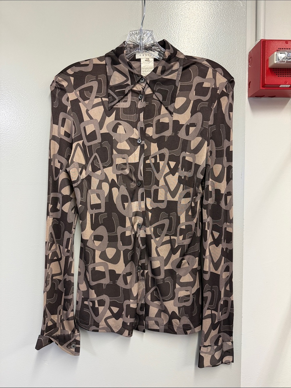Celine women’s Geometric Button-Down Shirt in Brown and tan
